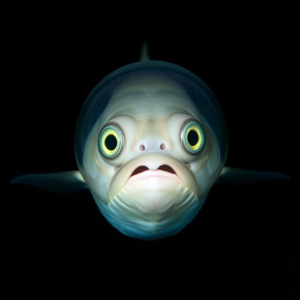 Deep-sea barreleye fish with transparent head and upward-facing eyes