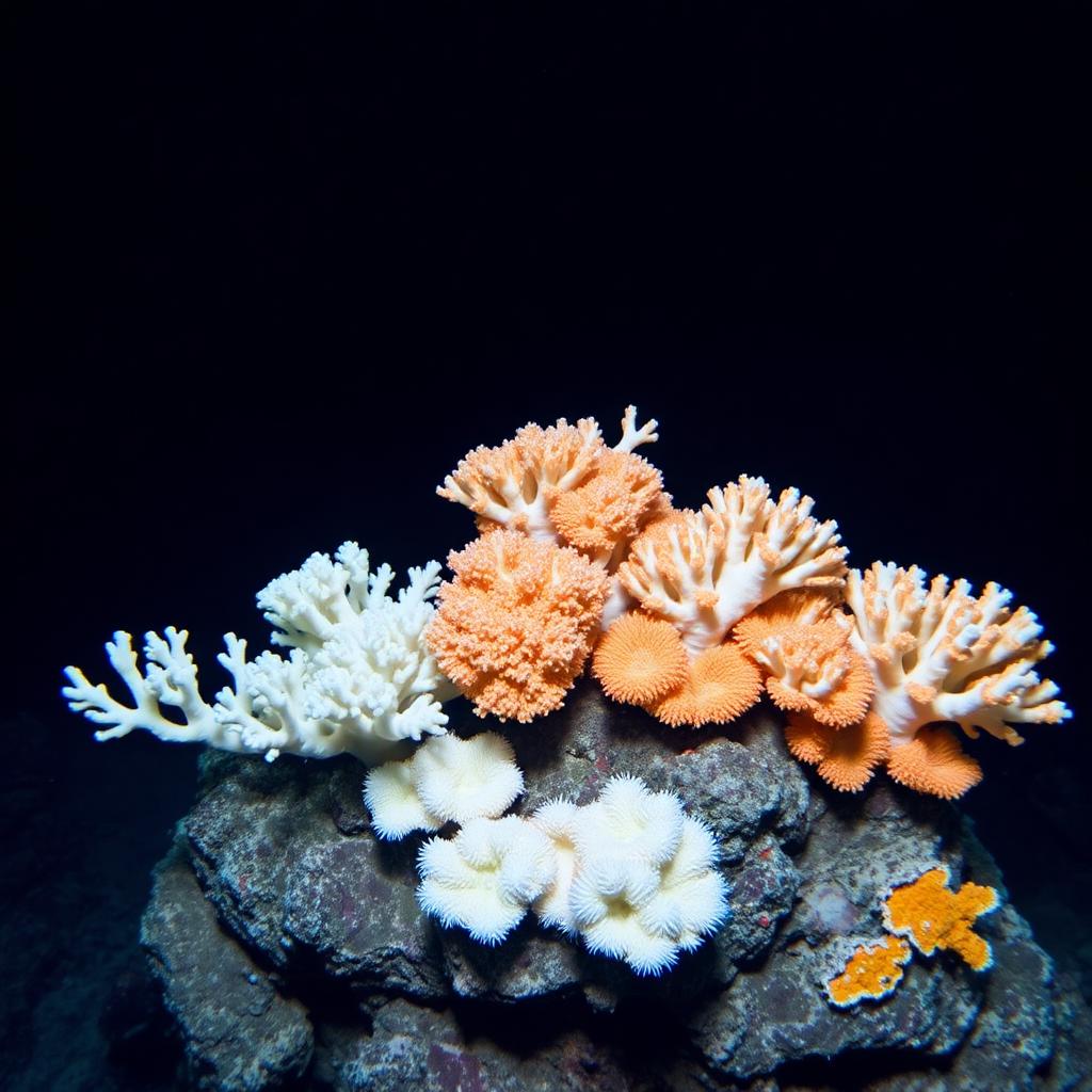 White and orange cold-water corals on a deep-sea rocky outcrop