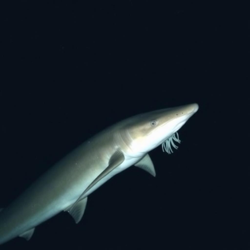Long eel-like frilled shark in dark deep sea water