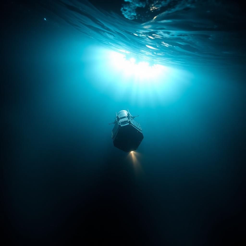 Small crewed submersible descending into deep blue water toward the abyss