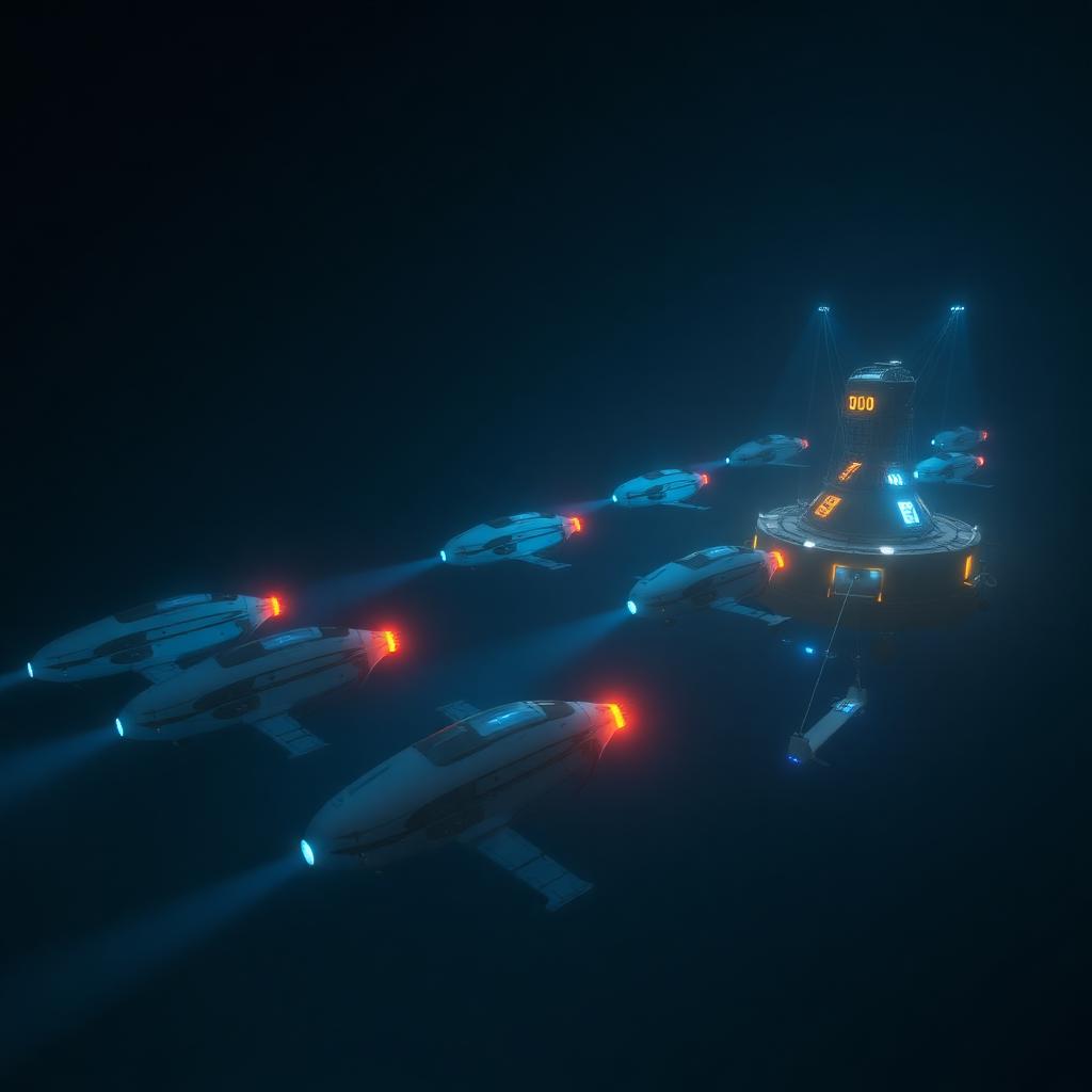 Deep dark ocean with equipment silhouettes