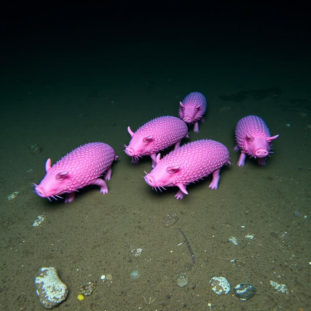 Pink sea pigs walking across abyssal seafloor