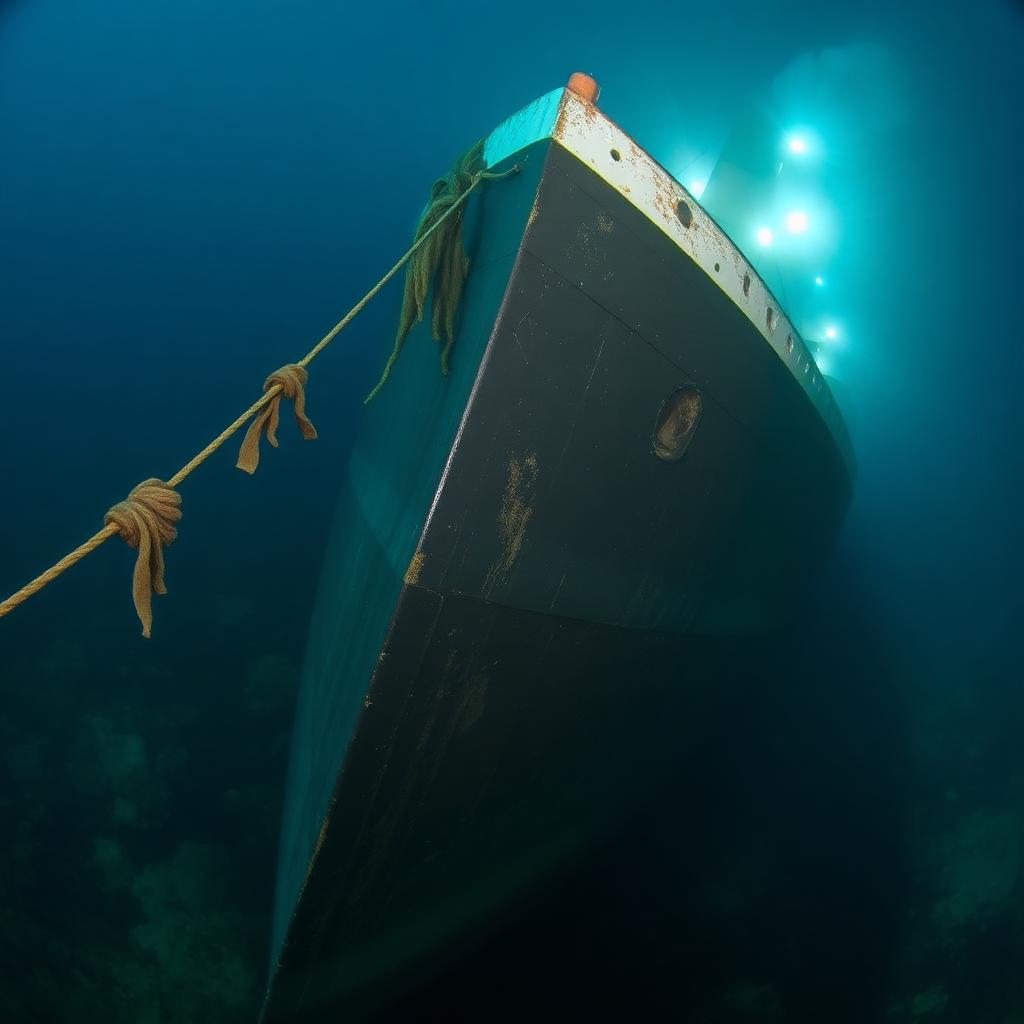 Deep-sea submersible near shipwreck