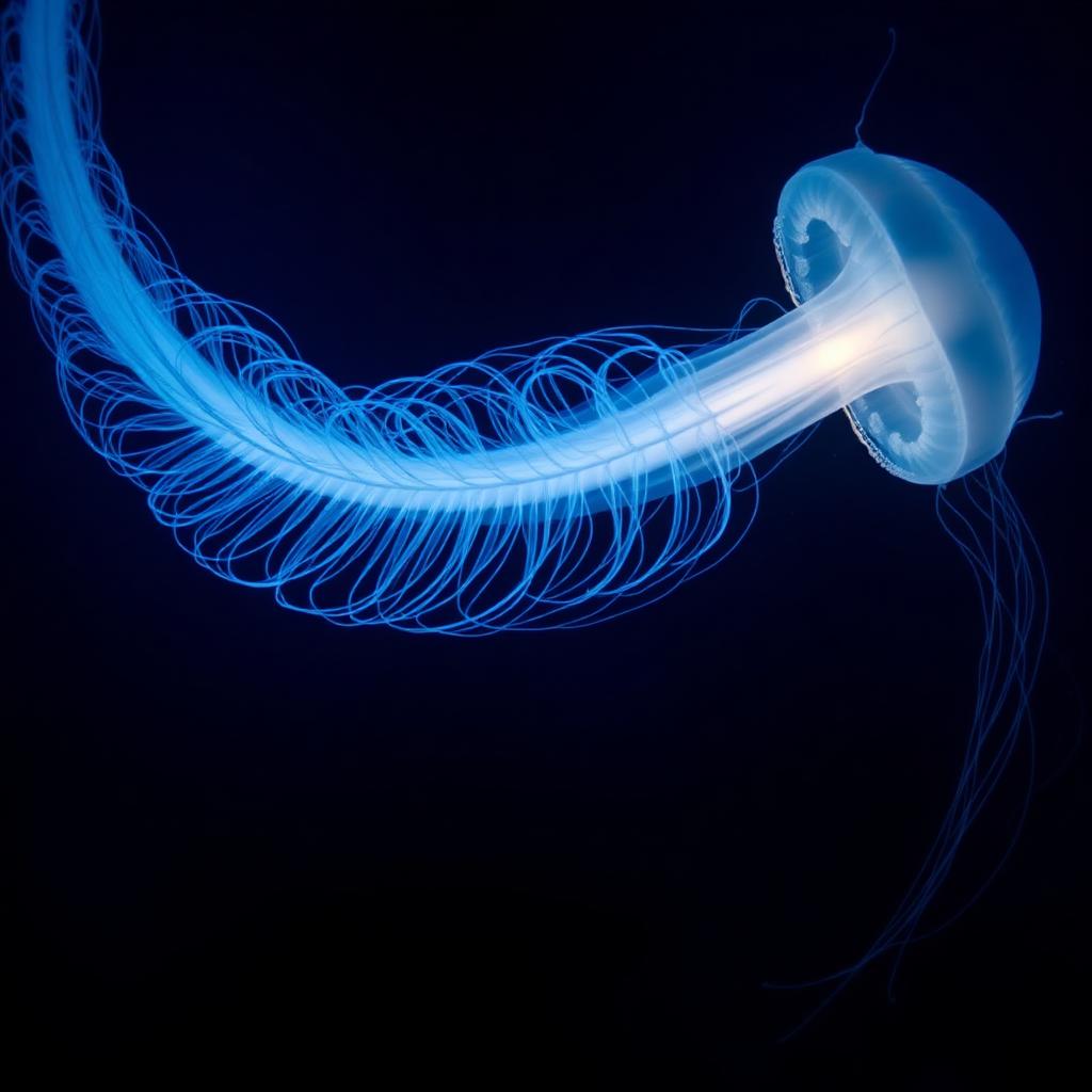Glowing siphonophore drifting through dark water