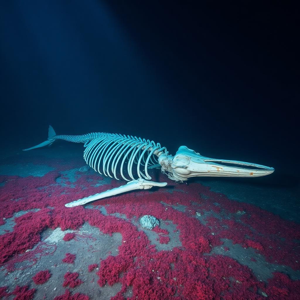Deep-sea seafloor with skeleton and scavengers