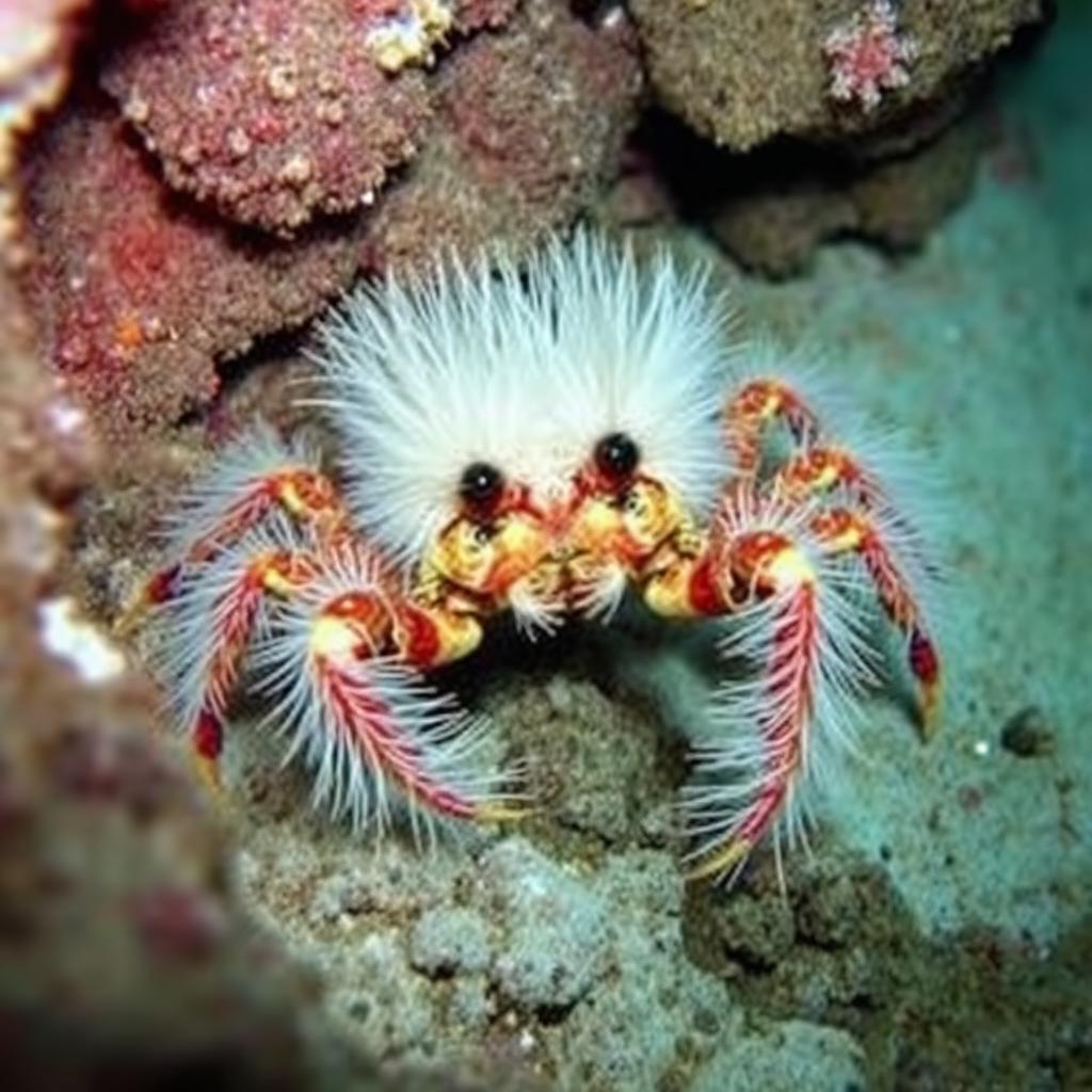 Yeti crab with hairy bristled claws near hydrothermal habitat